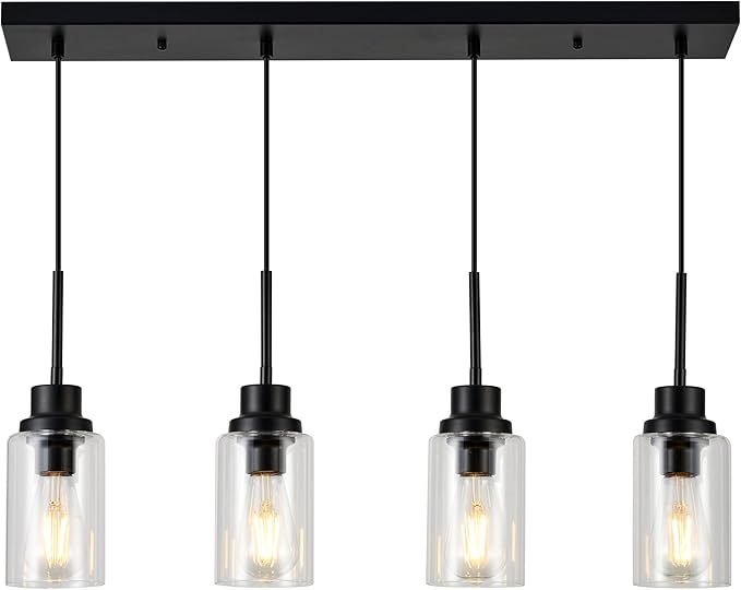 4-Lights Pendant Lighting for Kitchen Island in Black, Ceiling Light Fixtures with Adjustable Hanging Wire & Clear Glass Shades
