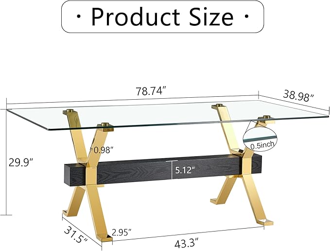 79" Glass Dining Table, Modern Kitchen Table, Modern Dining Table for 8, 0.5" Thick Tempered Glass Tabletop with Gold Chrome Metal Legs and Black Crossbar, Ideal for Dining Room, Kitchen