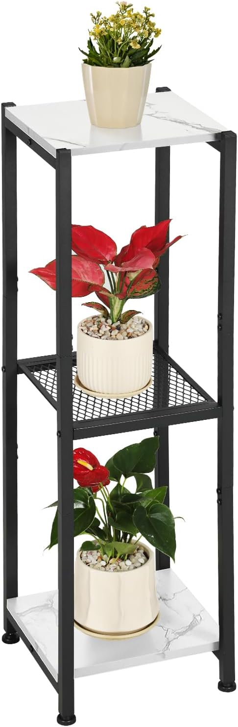 Extra Tall Plant Stand Indoor,40 Inch Plant Stands,3 Tier Metal Plant Stand with Heavy Duty Wood and Metal Mesh Shelf,Marble White and Black