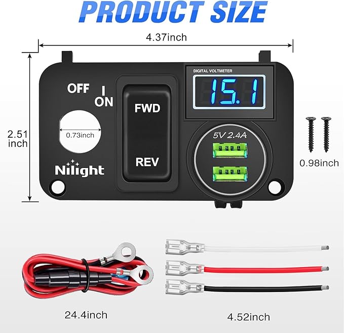 Nilight Golf Cart Key Switch Console Panel 9V-48V DC with Forward Reverse 3PIN Rocker Switches 4.8A Dual USB Quick Charger LED Digital Voltmeter for EZGO TXT PDS