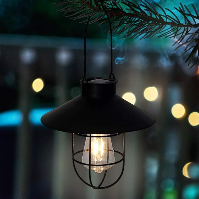 pearlstar Solar Lantern Outdoor Hanging Light Metal Solar Lamp with Warm White Edison Bulb Design for Garden Yard Patio Proch Decor(Black)