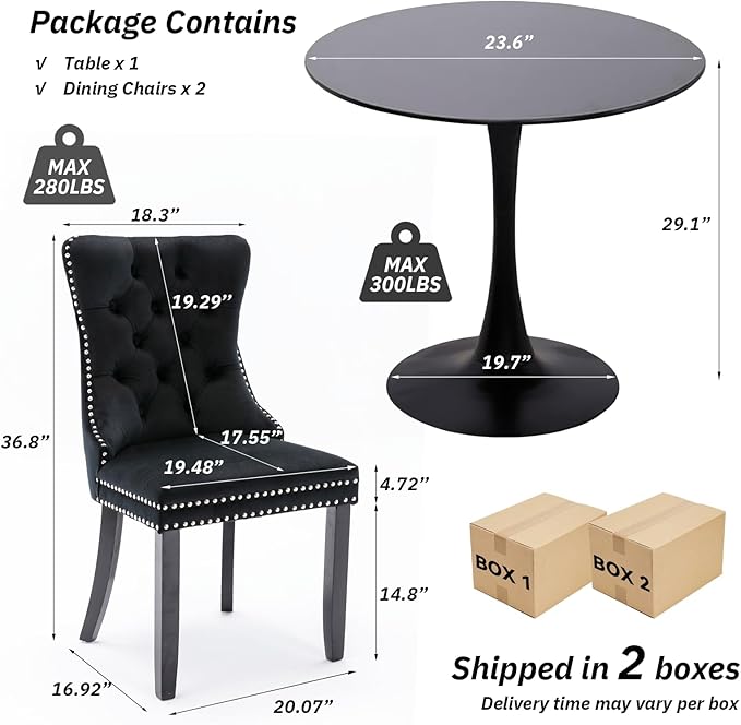 SoarFlash Kitchen Table and Chairs for 2, 24" Dining Table Set for 2 with Velvet Upholstered Chairs, 3 Piece Round Kitchen Table Set, Dining Room Table Set for Small Space, Apartment