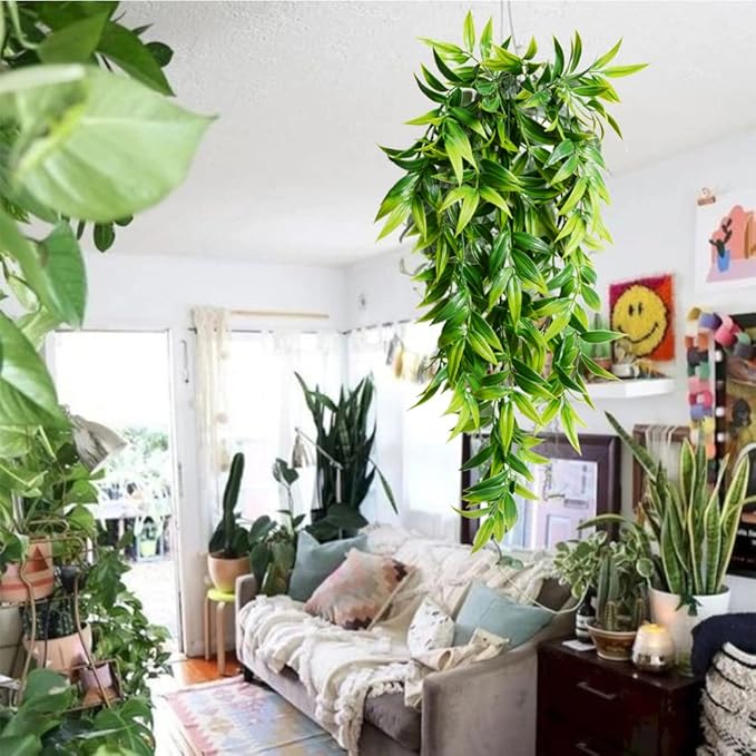 SzJias 5 Pcs Artificial Hanging Plants Outdoor Fake Hanging Plant Bamboo Leaves Plant for Patio Porch Outdoor Plants Decor