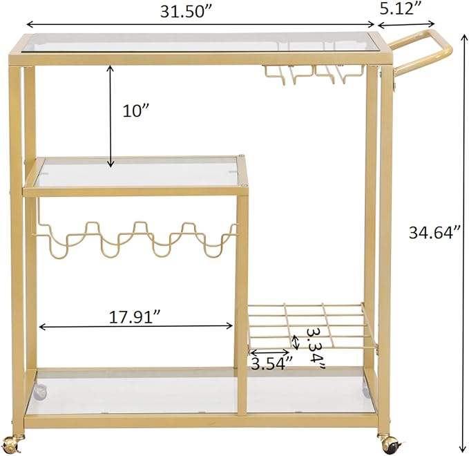 Rolling Bar Carts Gold with Wheels,Home Bar Serving Cart with Glass Wine Holders 3 Tier for Kitchen Home, Party,Dining Room