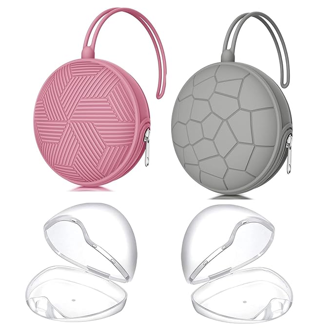 Smlpuame 4 Pack Holder Case Set, 2 Silicone Portable Pacifier Cover Pouch Bag for Diaper Bags Baby Carriage With 4 Transparent Storage Container Box, Easy to Clean, Power Rose+Grey