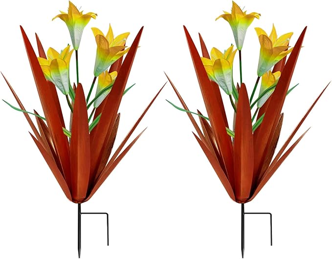 Homight Metal Agave Plant Outdoor Decoration Lily Mexican Yard Art Garden Gift Home Decor Hand Painted Metal Agave Garden Yard Statue, Outdoor Lawn Ornaments(2 Big Yellow Lilies)