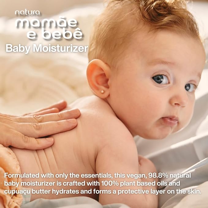 natura - Mamãe e Bebê Baby Fast Absorbing Moisturizer - 100% Vegan - Vegetable Oil & Cupuaçu Butter - 98.8% Natural Origin - All Skin Types - Cruelty Free - Baby Essentials - 6.7 fl oz (200ml)
