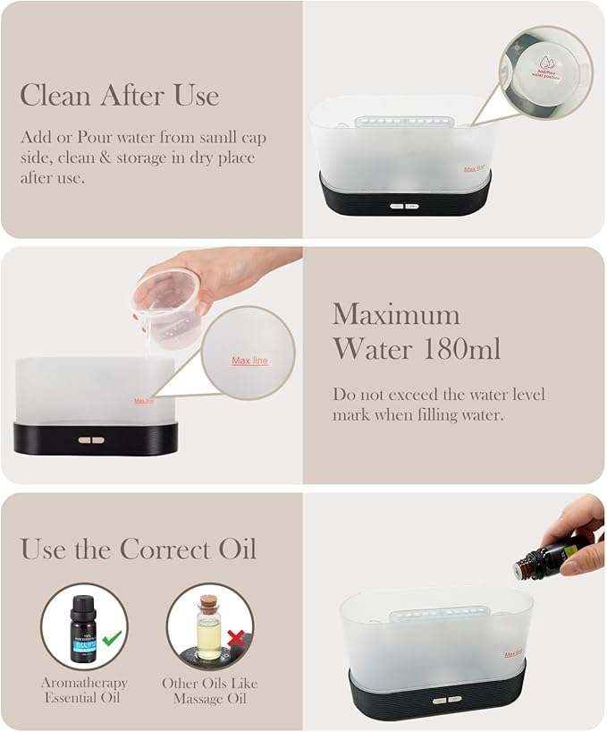 Essential Oil Diffuser,Humidifier with 7 Colors Flame Light,180ml Air Humidifiers for Bedroom, Home, Office, Gifts - Portable,Auto-Off Protection,4 Modes Mist(White)