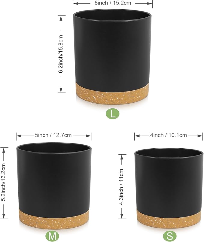 3 Pack 6/5/4 inch Cylindrical Flower Pots, Modern Small Round Plastic Plant Pots with Drainage Holes & Saucers, Clean and Refined Planter Pots for Outdoor, Indoor & Office Decor (Black Brown)