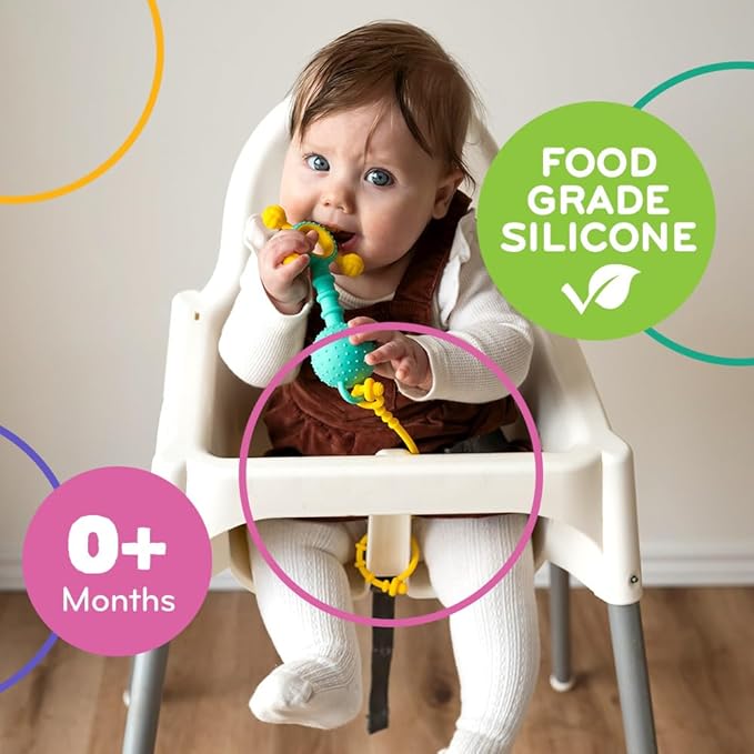 Mobi Liinklz Silicone Tethers for Car Seat & High Chair, Flexible, Soft Toy Straps for Baby, Easy Clean Toy Holder, Secure Stroller Straps for Infants 0+ Months, Cool Colors (3 Pack)