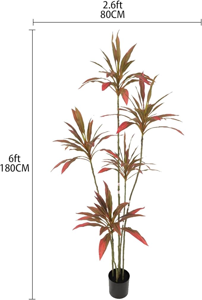 Artificial Cordyline Plant, Indoor Potted Plant, 5 Stems with Black Planter, Suitable for Large Indoor Living Room Decorations, Potted Plants, and Window Display Scenes (Red-6ft)