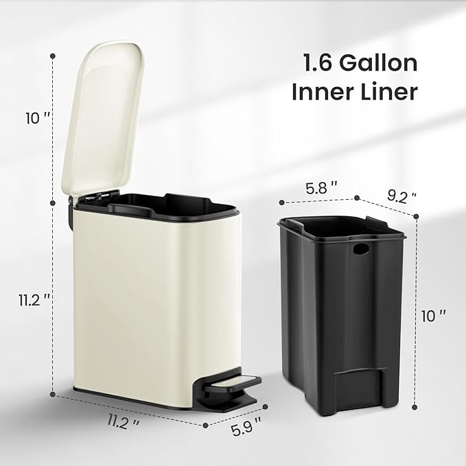 Cesun Small Bathroom Trash Can with Lid Soft Close, Step Pedal, 6 Liter / 1.6 Gallon Stainless Steel Garbage Can with Removable Inner Bucket, Anti-Fingerprint Finish (Creamy White)