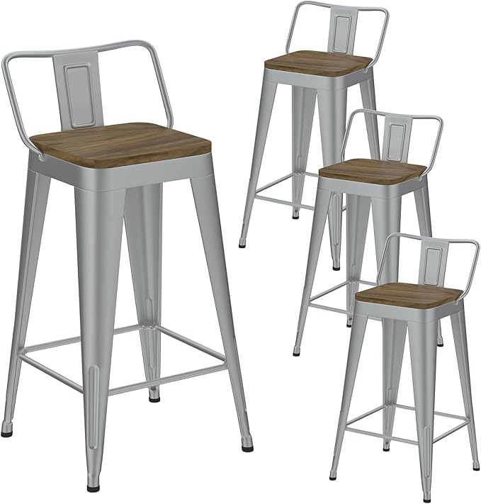 Silver Bar Stools Set of 4, Metal Bar Stools with Wooden Seat, Modern 30”Counter Height Barstools with Low Back