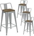 Silver Bar Stools Set of 4, Metal Bar Stools with Wooden Seat, Modern 30”Counter Height Barstools with Low Back