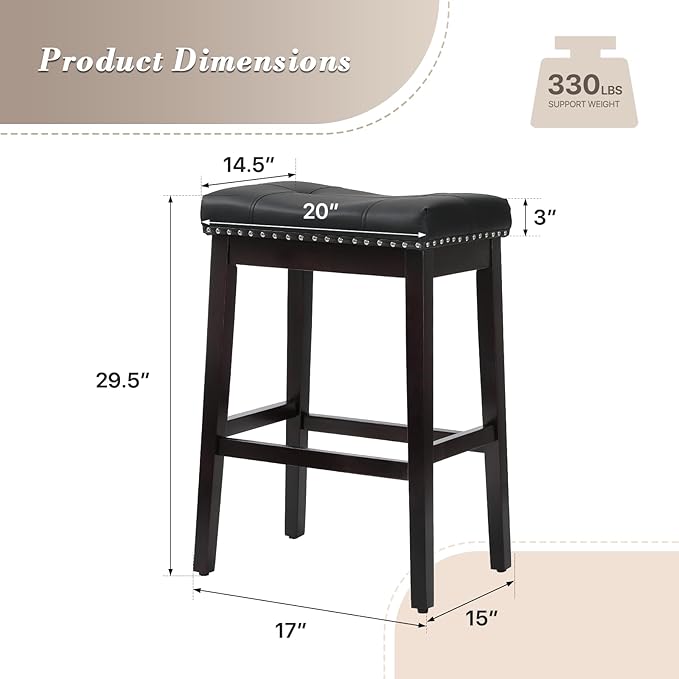 Athena Collection Counter Height Bar Stools Set of 2, 29.5 Inches Backless Saddle Bar Stools with Leather Upholstered and Nailhead Trim, Barstools for Counter, Kitchen Island, Dining Room, Black