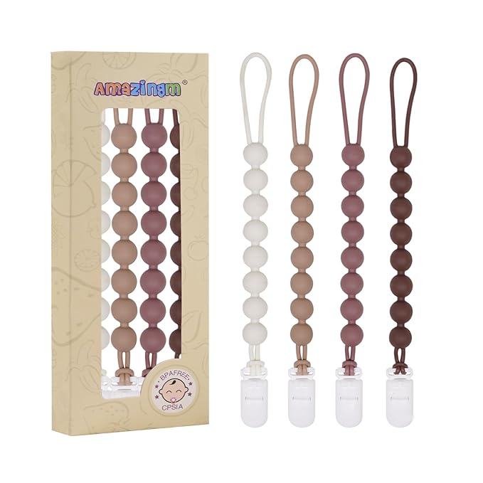 4 Pcs Brown Baby Silicone Teething Pacifier Clip,One-piece Design,Round Shape,Smooth Surface,BPA Free.