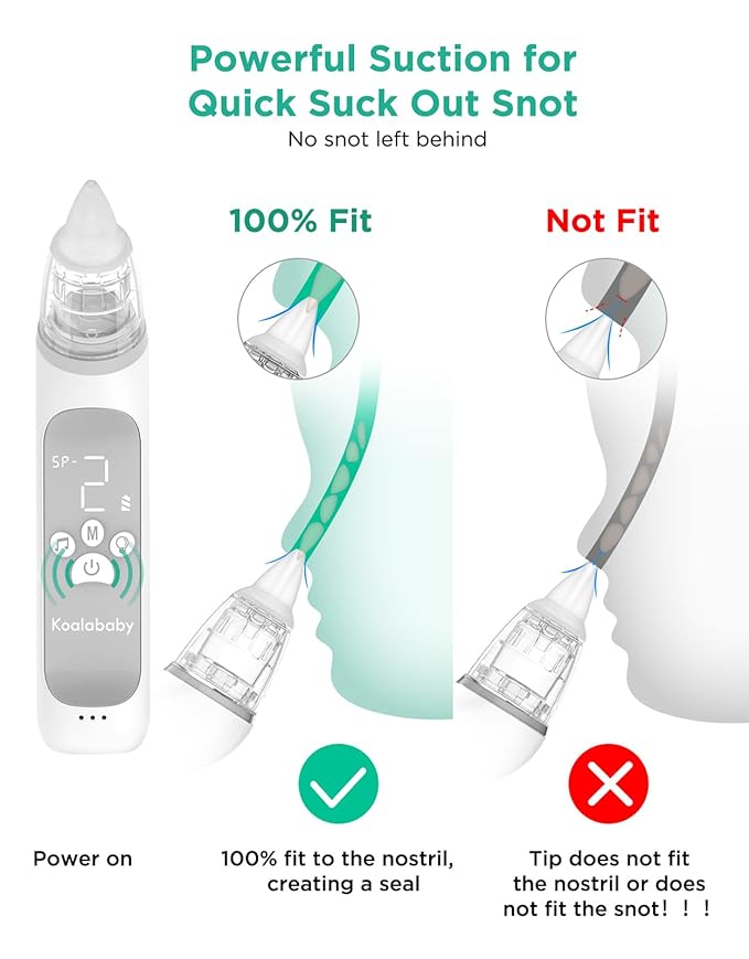 Koalababy Electric Nasal Aspirator for Baby, Large Flow, Baby Nose Sucker with 3 Suction Levels, Rechargeable Nose Cleaner for Toddlers, Music and Light Soothing, Soft Silicone Tips