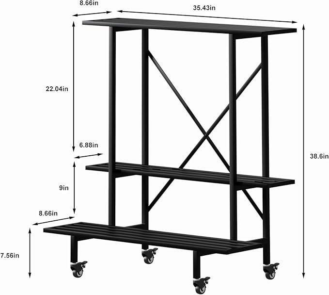Zhongma 3 Tier Metal Heary Duty Plant Stand with Wheels, 35.43 L x 17.5 W x 38.6H . Space saving Plant Stand