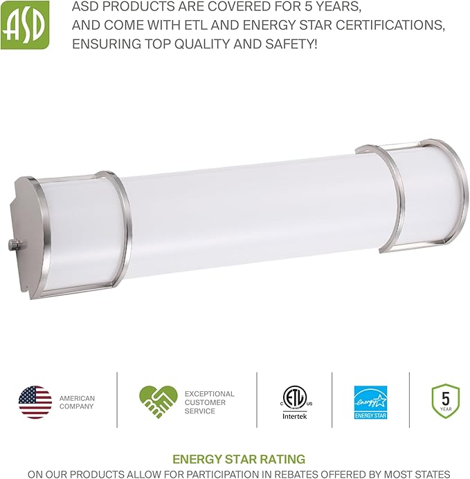 ASD LED 18" Vanity Flush Mount Light Fixture, Linear Bathroom Lighting Bar | 3CCT, Dimmable, Energy Star, ETL Listed | 20W 1650LM 3000-5000K 120V | Long Bath Wall Sconce Over Mirror | Nickel, 2 Pack