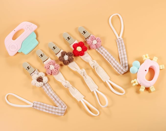 Baby's Breath 5 Pack Pacifier Clips with Adjustable Strap (14.5-18.3 in) - Handmade Boho Style Flower Design, Soft Textile Baby Holder Set for Girls, Neutral Colors for Any Outfit