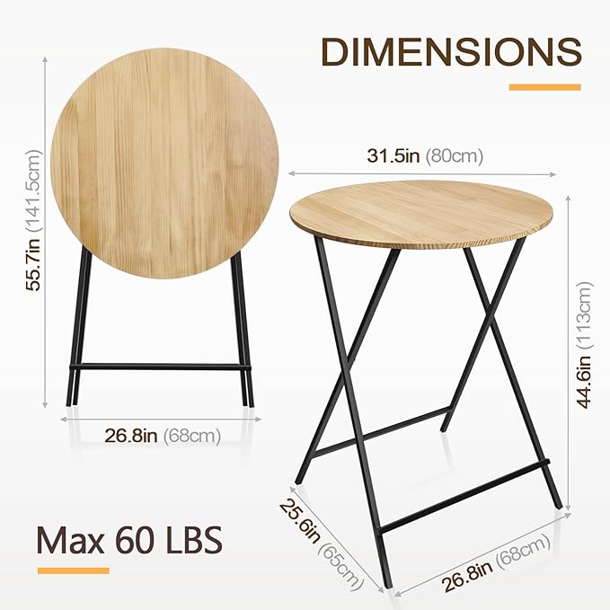 Outdoor Bar Height Table Wood 44.6'' Height, 31.5'' Round Folding Cocktail Tables Wooden Pub Desk, One-Piece Installation Kitchen Dining Table for Patio, Party, Balcony, Backyard, Poolside, Events
