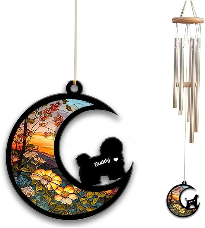 Coton de Tulear Sun Catcher Wind Chime, Custom Sunflower Suncatcher Dog Memorial Wind Chime, Dog Loss Gift, Dog Sympathy Gift, Pet Loss Suncatcher, Outdoor Garden Decor