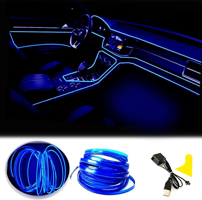 El Wire Blue Interior Car LED Strip Lights, 2M Neon Wire USB 5V with Fuse Protection for Automotive Interior Decoration, with 6mm Sewing Edge