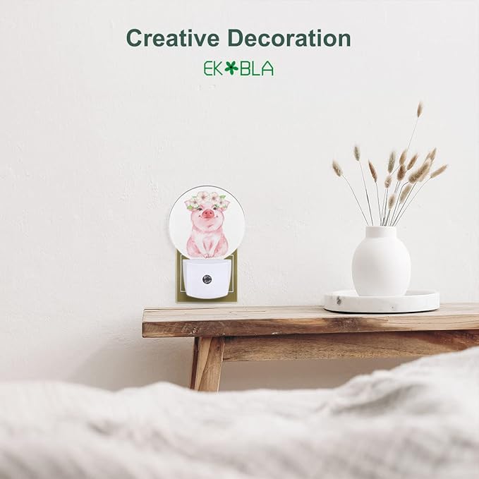 EKOBLA Pig Plug-in Night Light, Cute Pink Piggy & Floral Wreath LED Nightlight with Sensor, 0.5W Sleep Friendly for Gifts