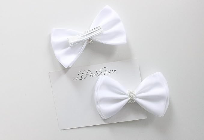 0-12 Newborn Baby Baptism Pearl Headband or Clip with Bow in WHITE Christening Headband with Satin Bow, Pearl Rhinestone Band (Pink Clip, 1 Count (Pack of 1))