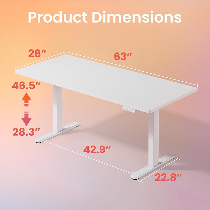 HUANUO 63 x 28 inch Electric Standing Desk Adjustable Height, 4 Memory Height Settings, Sit Stand Up Desk for Home Office & Computer Workstation, White