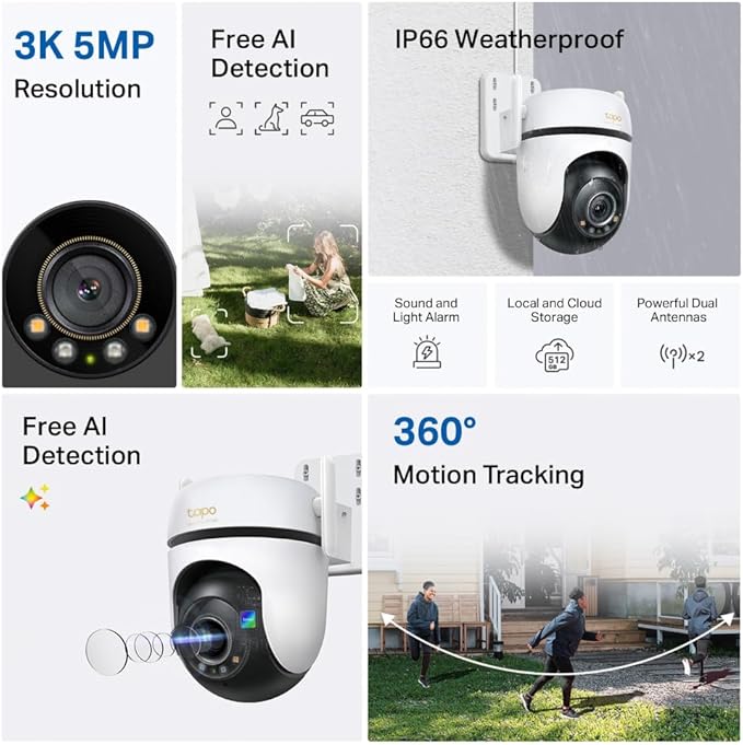 Tapo 3K 5MP Outdoor Pan/Tilt Security Wi-Fi Camera – 360° View, Free Person/Vehicle Detection, Starlight Color Night Vision, IP66, Sound and Light Alarm, Works w/Alexa and Google Home, VistaCam 360°