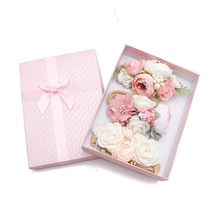 Baby Girl Nylon Headbands Flower Hair Bows Accessories-Elastic Hair Band Crown Handmade FLoral Wraps Birthday Gifts for Girls Newborn Infant Toddler 3Pcs