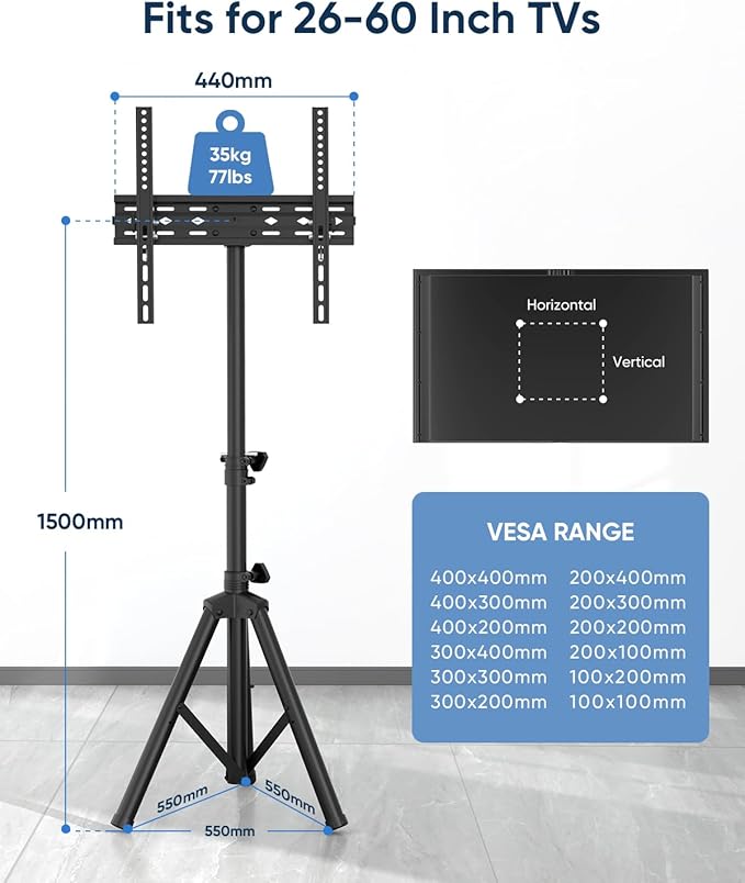 FORGING MOUNT Tripod Portable Floor TV Stand,Foldable Stand Height Adjustable for Portable Display Floor TV Stand 26-65" Flat Screen/Curved TVs, Holds Up to 77lbs