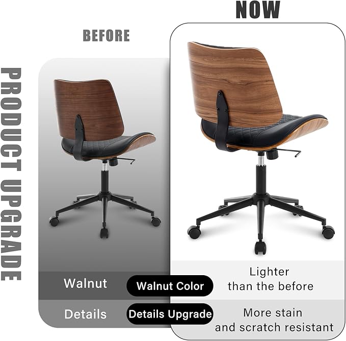 Home Office Chair No Arms with Wheels, Adjustable Height Small Desk Chair, PU Leather Mid Back 360 Swivel Computer Chair, Armless Modern Walnut Chair for Office, Reading Meeting Room(Black)