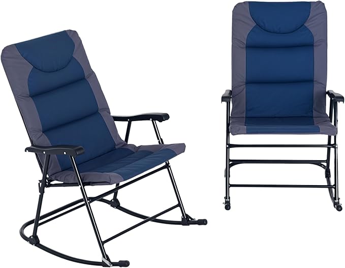 Outsunny Oversized Folding Rocking Camping Chair Set of 2, Padded Outdoor Rockers with High Back and Armrests, Portable Outdoor Patio Chairs with Steel Frame for Garden, Porch, Lawn, Navy Blue