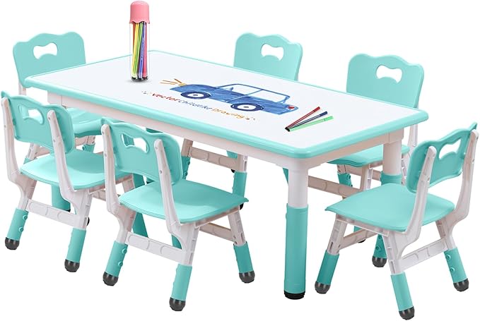 Kids Table and Chairs Set, Height Adjustable Desk With 6 Seats for Ages 2-12,Arts & Crafts Table,Graffiti Desktop, Non-Slip Legs, Max 300lbs, Children Multi-Activity Table for Classrooms,Daycares,Home