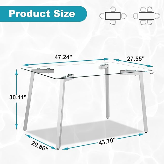 Dining Table for 6 Kitchen Table 51" Rectangular Modern Glass Dining Table Kitchen & Dining Room Tables with Glass Tabletop and Metal Legs for Dining Room and Kitchen, Silver