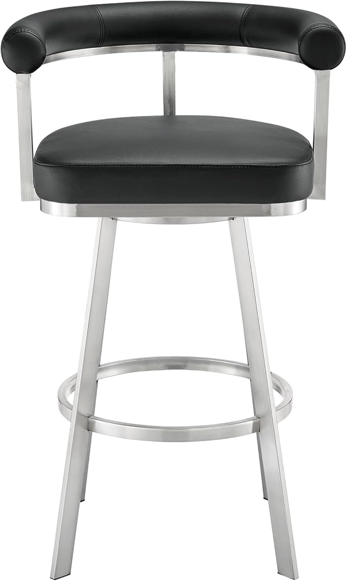 Armen Living Magnolia Swivel Bar Stool in Brushed Stainless Steel with Black Faux Leather