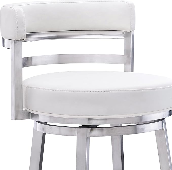 Armen Living Titana 26" Counter Height Swivel White Faux Leather and Brushed Stainless Steel Bar Stool