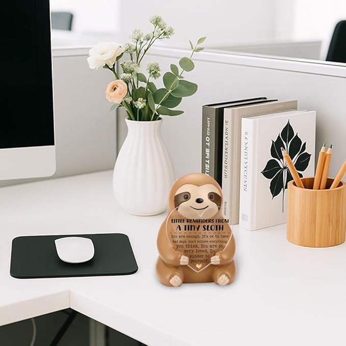 Sloth Figurine Gift, Resin Collectible Statue with Heart Acrylic Plaque, Positive Reminder Gifts for Women Men Friends, Birthday Christmas Stress Relief Ornament YSS1