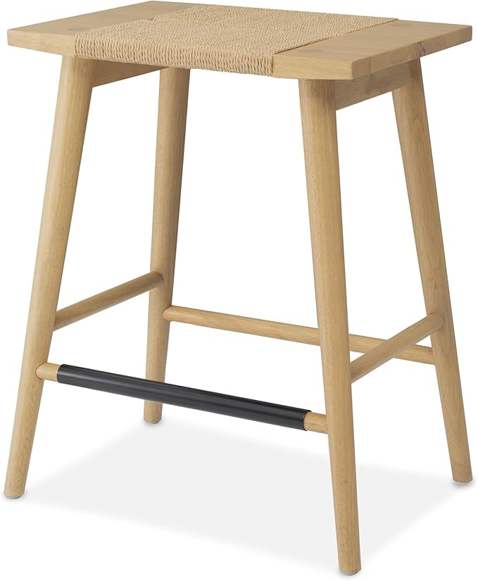 Thor Wicker Counter Height Wooden Counter Stool with Hand-Knitted Rope, K/D, Backless Island 24" Wicker Stool for Kitchen, Light Oak, Solid Wood, Eco-Friendly, Modern Design (Light Oak)