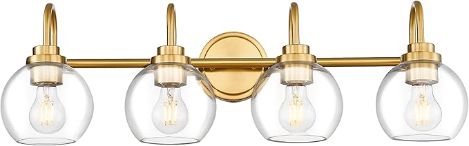 Bathroom Light Fixtures, 4-Light Brushed Gold Vanity Lights with Globe Clear Glass, 30 Inch Champagne Bronze Vanity Lighting Fixtures Over Mirror, AD-22280-4W-GD