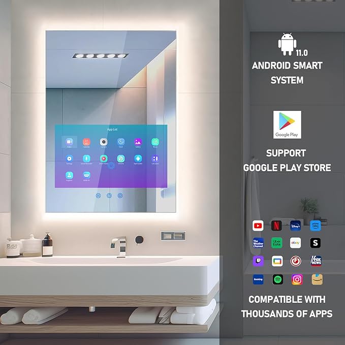32"x24" Smart Waterproof Anti-Fog Vanity Mirror with Built-in 21.5" Touch Display, Android OS, Adjustable 3-Color LED, Bluetooth/WiFi/HDMI, Streaming Apps for Bathroom & Bedroom
