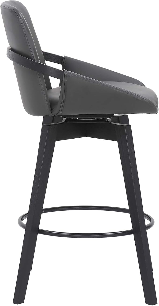 Armen Living Baylor Mid Century Modern Swivel Bar Stool for Kitchen Island Counter in Gray Faux Leather and Black Wood, 26" Seat Height