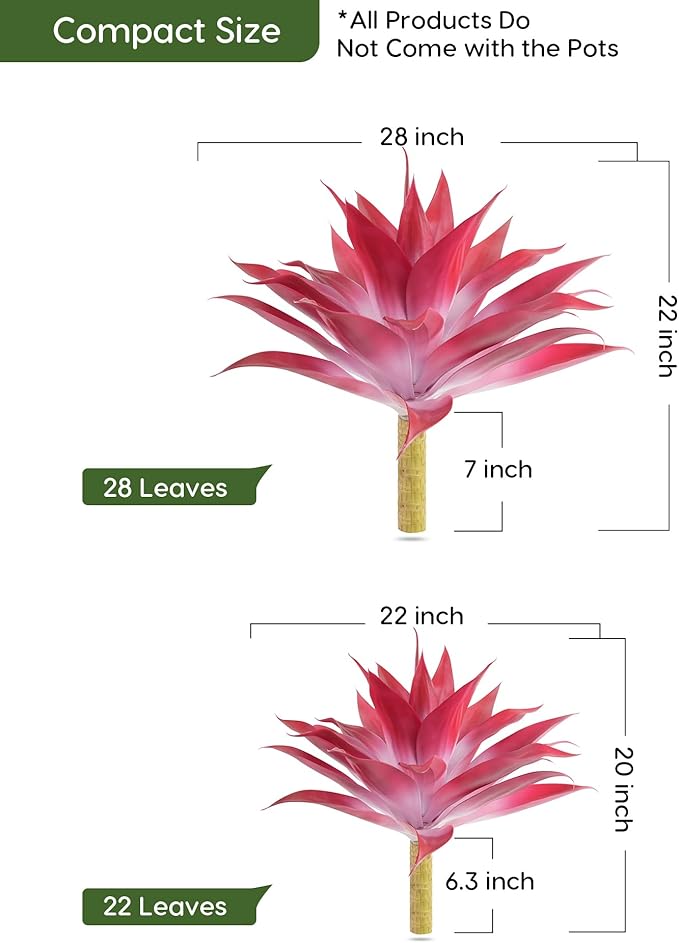 Velener Artificial Agave Plant Set, 28 Inch, Faux Aesthetic Plants for Home Decor, Realistic Fake Red and White Agave Plants Indoor Without Pot, Set of 2