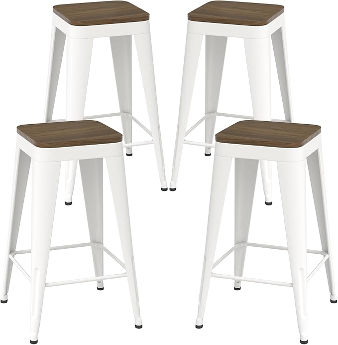 30 inch Backless Bar Stools Set of 4, Indoor Metal Bar Stools with Wood Seat, Industrial Counter Height Barstools for Kitchen Island, White