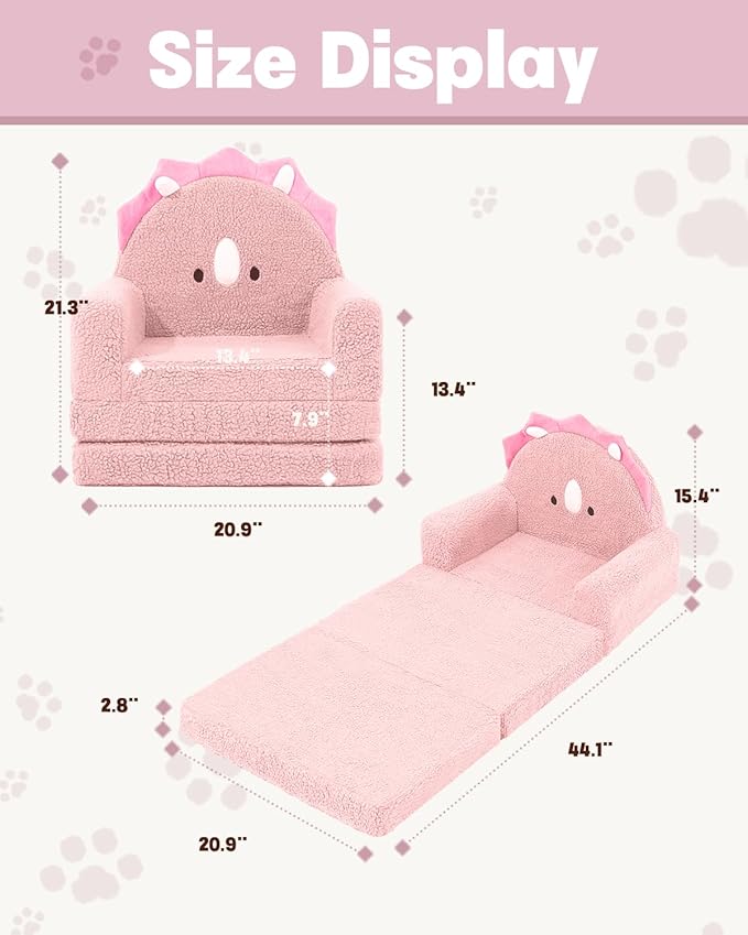 MOONBEEKI 2-in-1 Foldable Toddler Couch, Soft Sherpa Fabric with Washable Cover, Convertible Sofa to Lounger, Kids Sofa for Playroom, Bedroom, Living Room, Birthday Gift, Ages 1-3, Triceratop, Medium