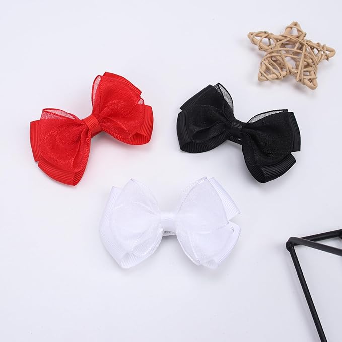 Tiny 3 Inch Organza Double Hair Bow Clips - Lined Boutique Alligator Hairpin for Baby Girls, Toddlers, and Little Teens - Kids Barrettes Set of 2 Small Stylish (Black)