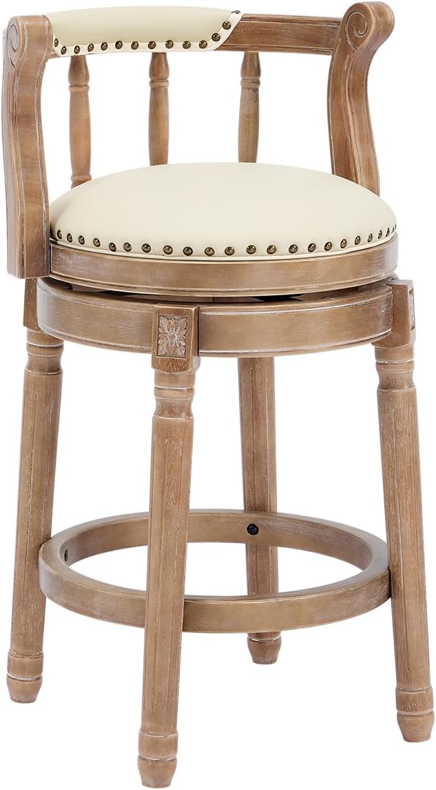 Cow top Leather Wooden Bar Stools, 360 Degree Swivel Bar Height Chair with Backs for Home Kitchen Counter, Morden Chair Barstools (Retro-Beige, Counter Height-Seat Height 26”)