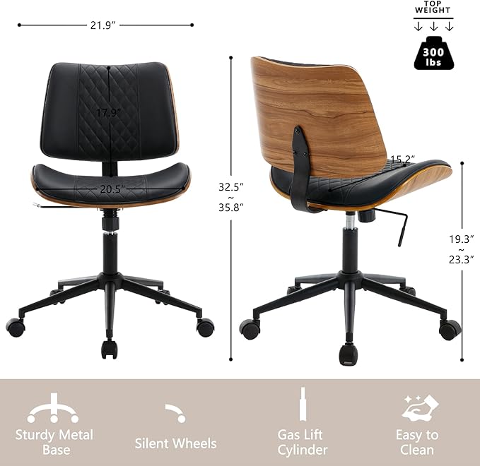 Home Office Chair No Arms with Wheels, Adjustable Height Small Desk Chair, PU Leather Mid Back 360 Swivel Computer Chair, Armless Modern Walnut Chair for Office, Reading Meeting Room(Black)
